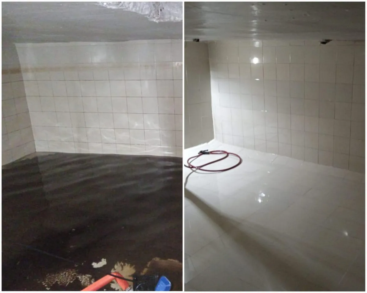 Tanque de reserva de agua potable antes y después del lavado y desinfección realizado por Servihidráulicos SAS en Bogotá